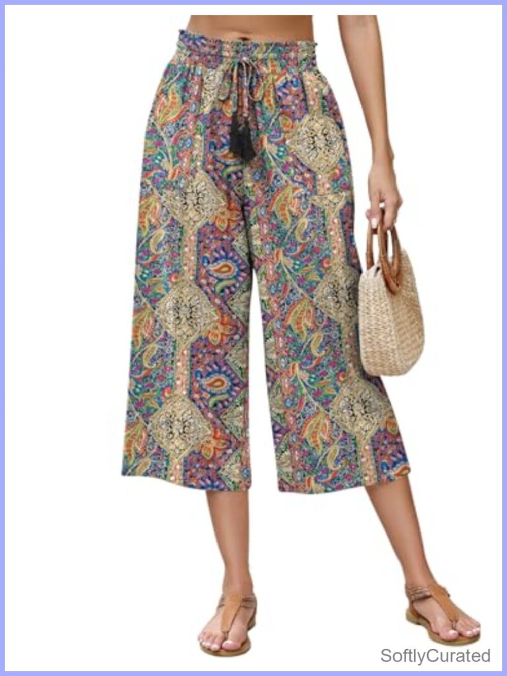 Linen Capri Pants Wide Leg Elastic High Waist Cropped Palazzo